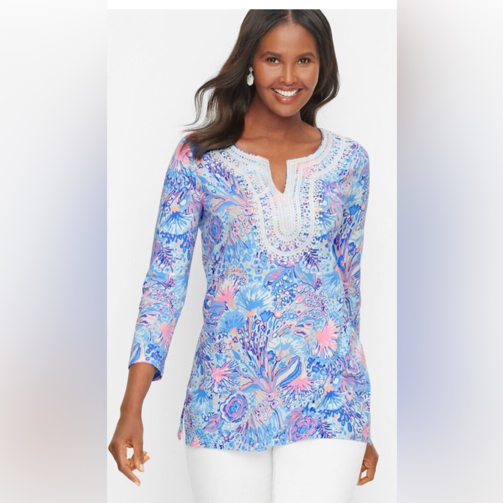 TALBOTS  Lace Trim Tunic Blouse Blue & Pink Sea Flowers and Coral Size M